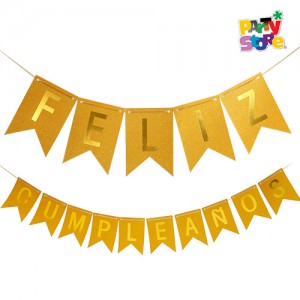 COTILLON BANDERIN F.CUMPLEAÑOS GLITTER LETRAS DORADO/PLATEADO- BAFCGDO